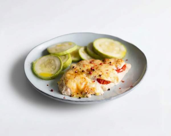 Куриная грудка с помидорами и моцареллой и гарнир из кабачков