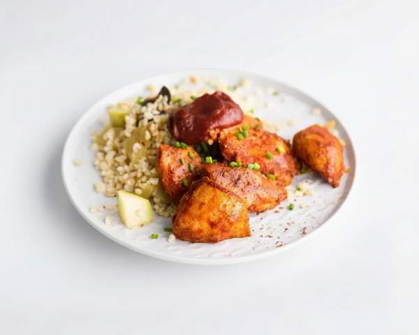 Мини-шашлычки из куриного филе и булгур с овощами
