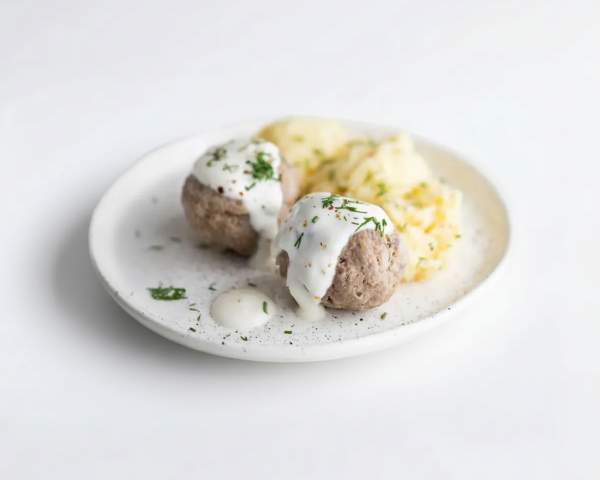 Ежики из говядины в сливочном соусе и картофельное пюре