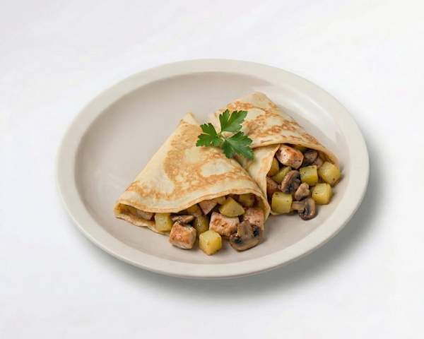 Блинчики с курицей, картофелем и грибами