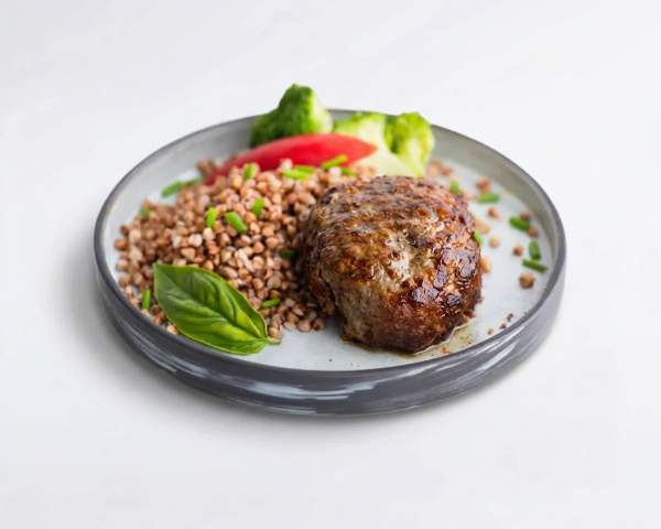 Биточки из говядины с запеченными овощами и гречка