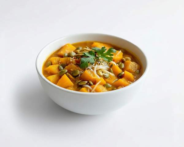 Тыквенный карри с рисовой лапшой и тыквенными семечками