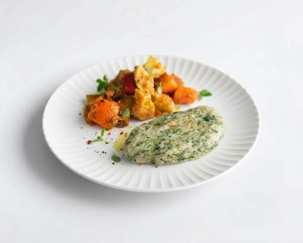 Котлета на пару куриная, со шпинатом и овощное рагу