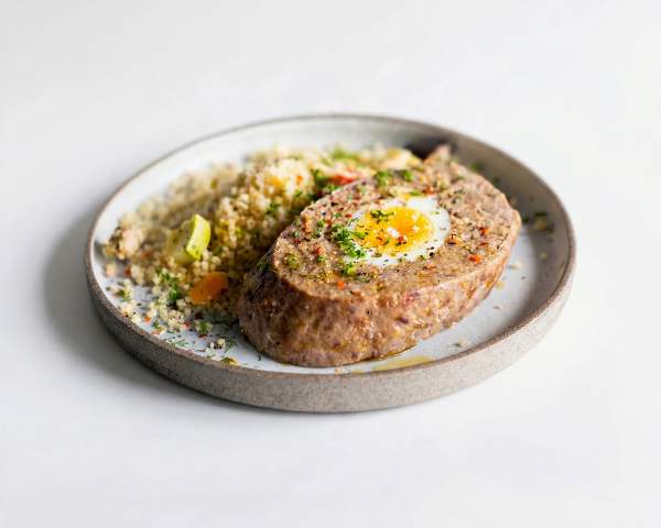 Рулет с яйцом и булгур с овощами