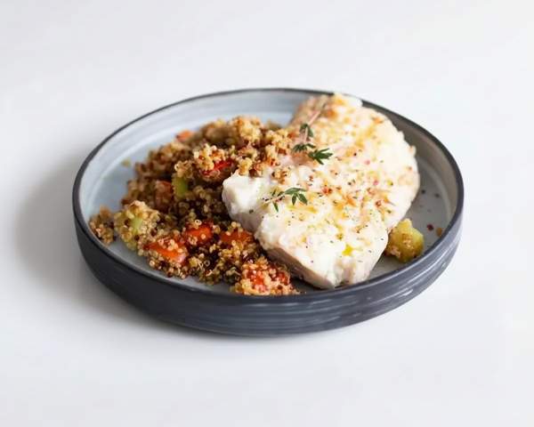 Окунь запеченный с киноа и овощами